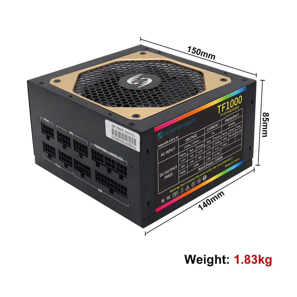 T.F.SKYWINDINTL Gold Full Modular PC Power Supply, Medal Active, PFC, ATX, Novo, 1000W, TF1000