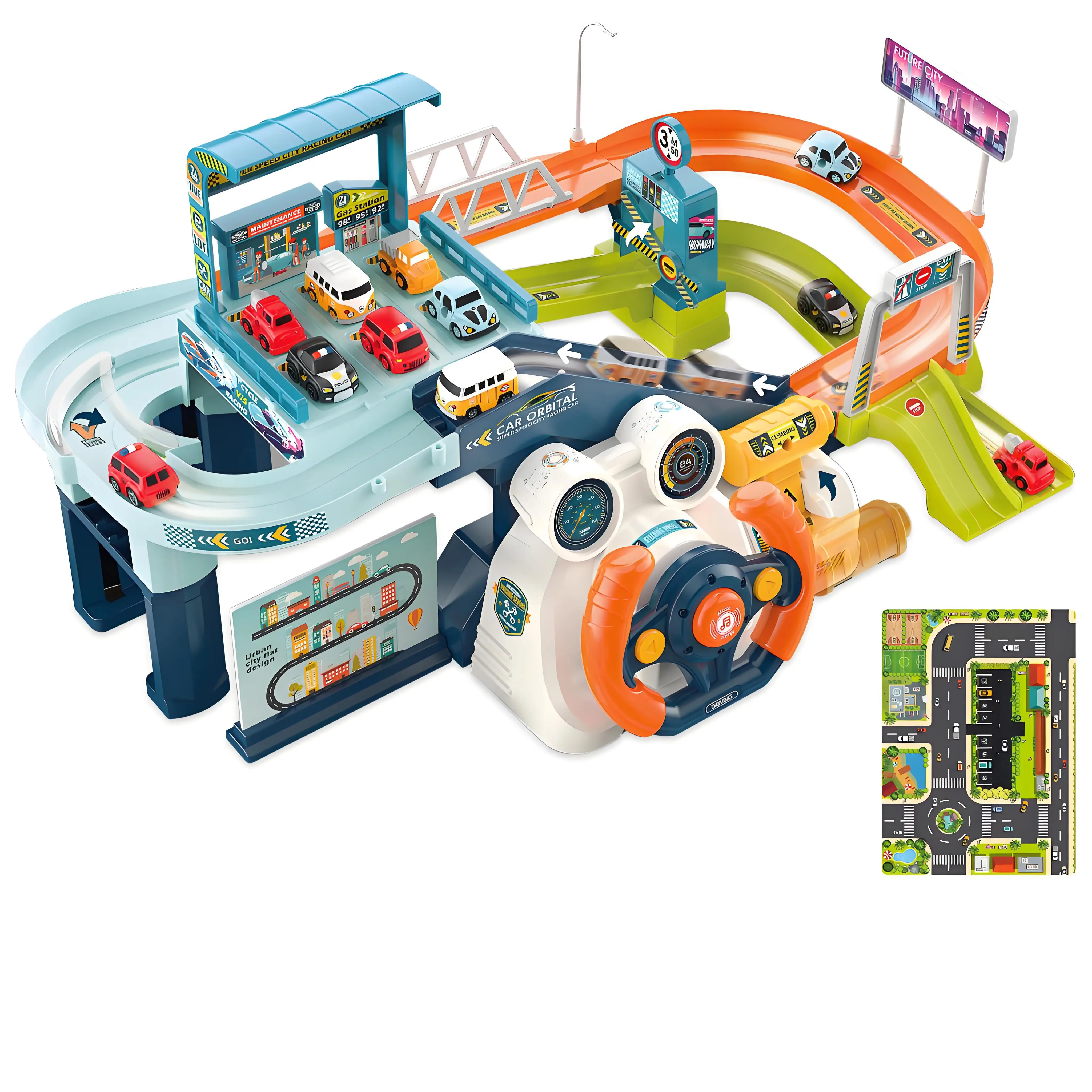 

2-in-1 Race Car Tracks PlaySet for Kids, Toy Car Ramp Track and Lifting Parking Lot, Dual Mode Toddler Car Track Toy Playset wit