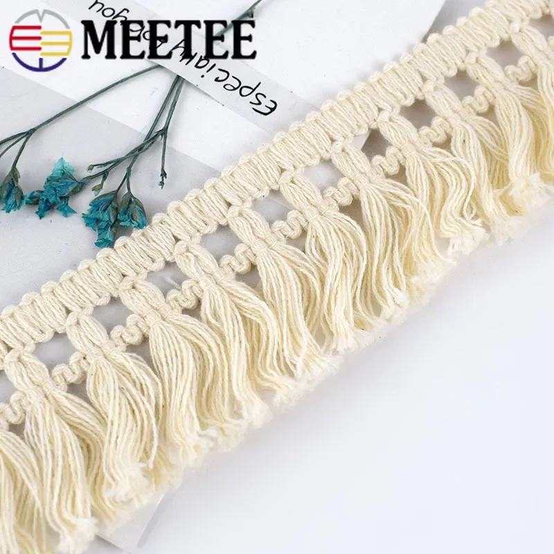 

5-20Meters Meetee 45mm Beige Cotton Fringe Lace Fabric Tassel Ribbon Trim DIY Sewing Curtain Hometextile Garment Craft Material