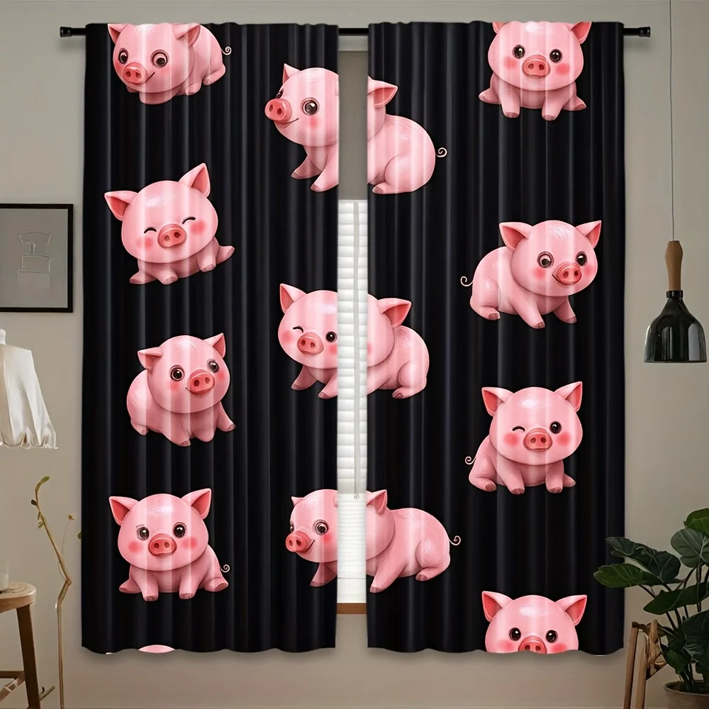 Cute Pink Piggy Cartoon Curtain Panels for Nursery Kids Room Decor Window Treatment