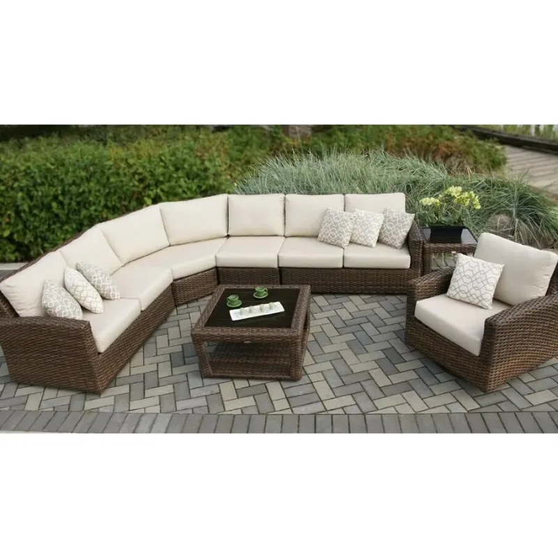 Resort hotel summer relaxing curved sectional wicker rattan garden furniture outdoor sofa set