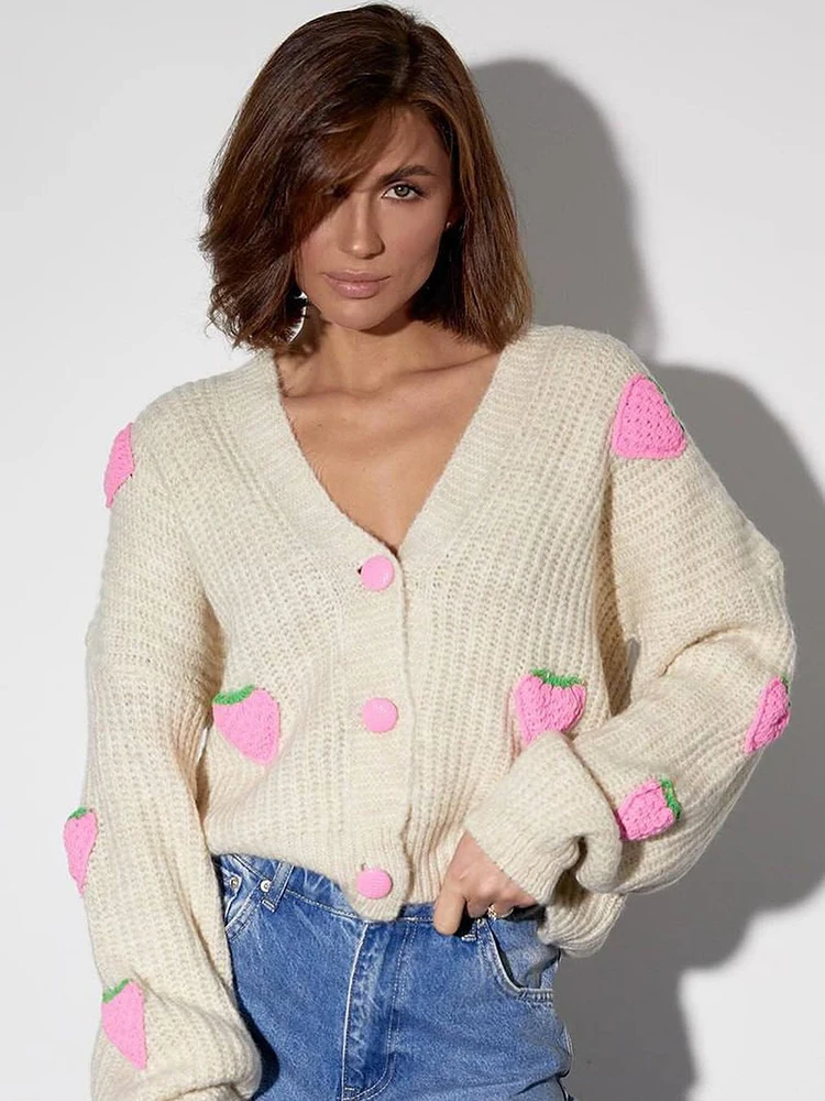 Sweet Strawberry Embroidery Cardigans Women Autumn Winter New V Neck Single Breasted  Lantern Sleeve Knitted Tops Loose Sweaters