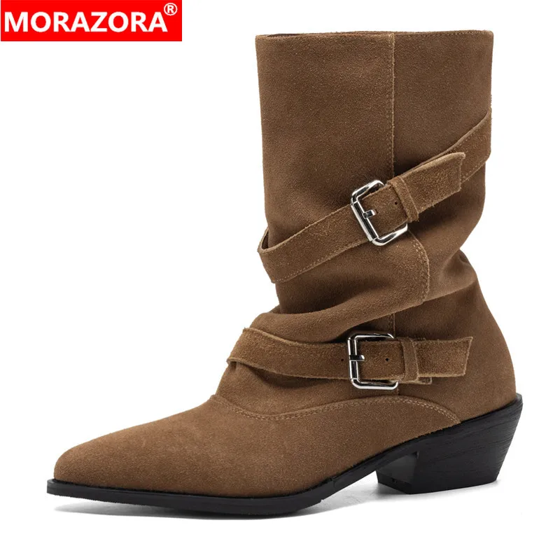 MORAZORA Big Size 34-44 Cow Suede Leather Western Boots Women Buckle Block Mid Heels Autumn Winter Cowboy Ankle Boots