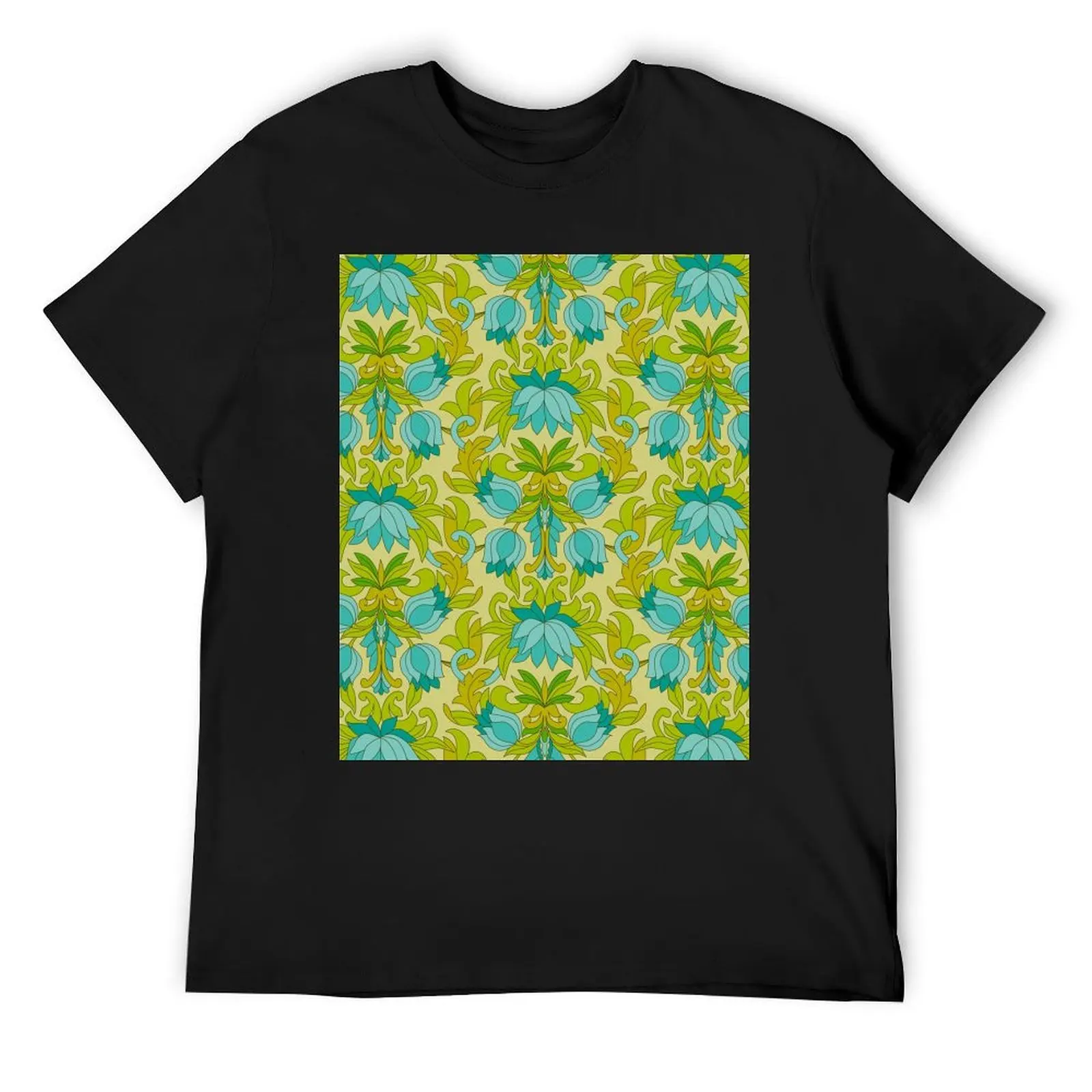 Turquoise and Green Leaves 1960s Retro Vintage Pattern T-Shirt tees anime clothes Men's t-shirts