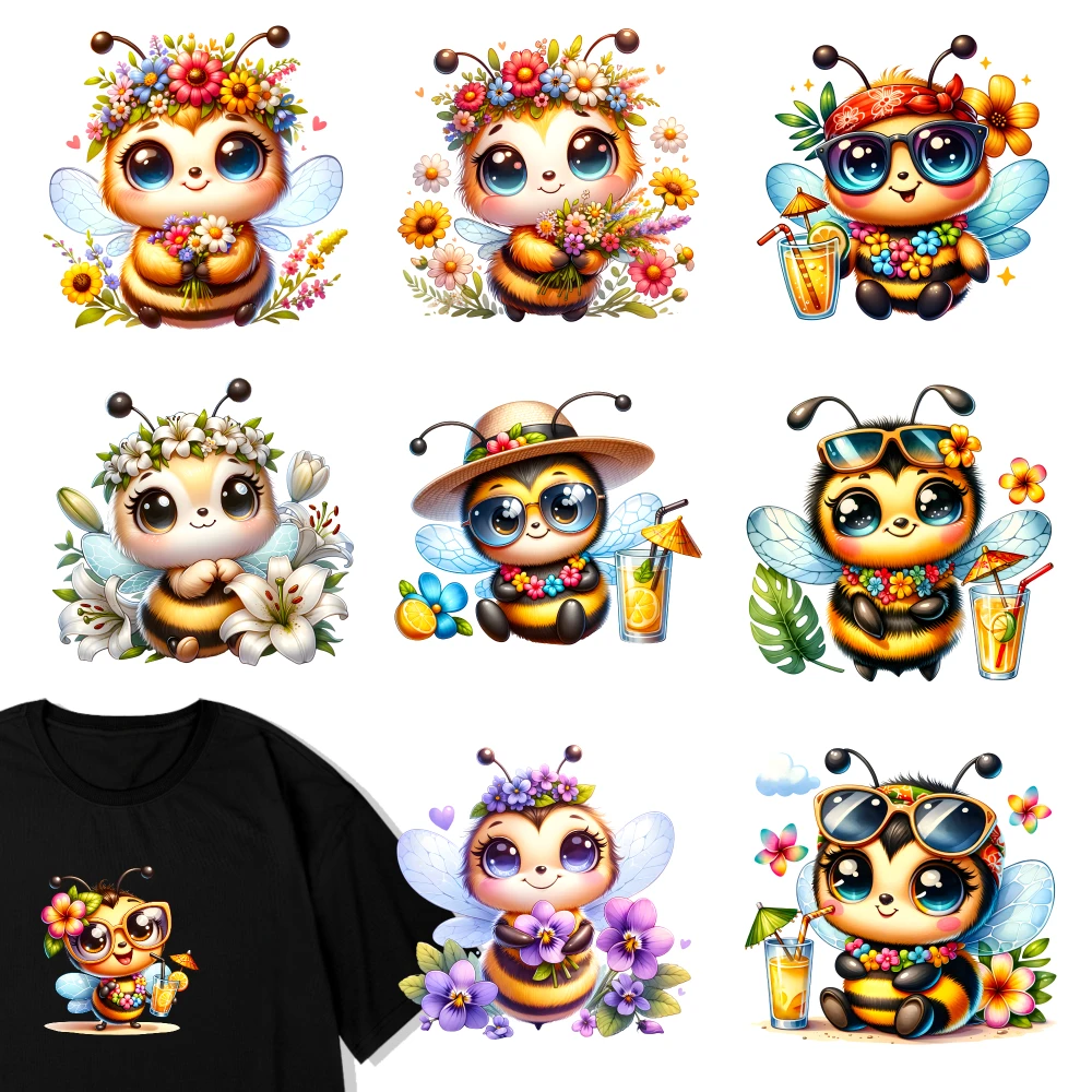 9 Pcs Cute Bee Iron on Transfers Press Washable Stickers iron on decals for clothing, T-shirts, jeans, backpacks, hats, pillows.