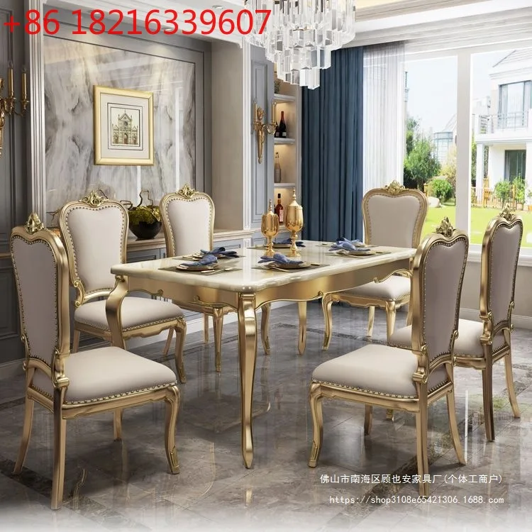 

American light luxury marble dining table and chairs dining table solid wood combination rectangular European restaurant