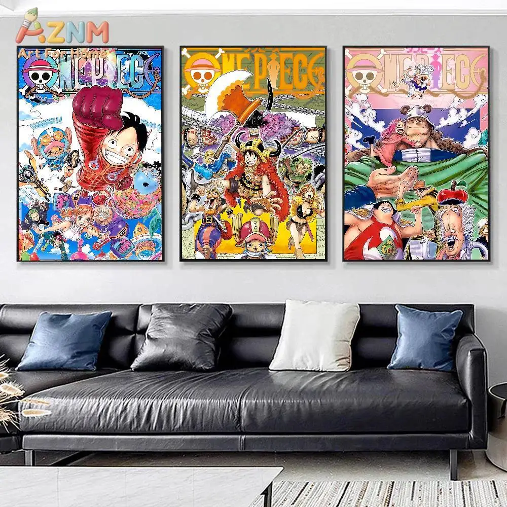 AZNM One Piece Unframed Canvas Print Luffy Straw Hat Crew Colorful Anime Poster Wall Art for Living Room Teen Bedroom Home Decor