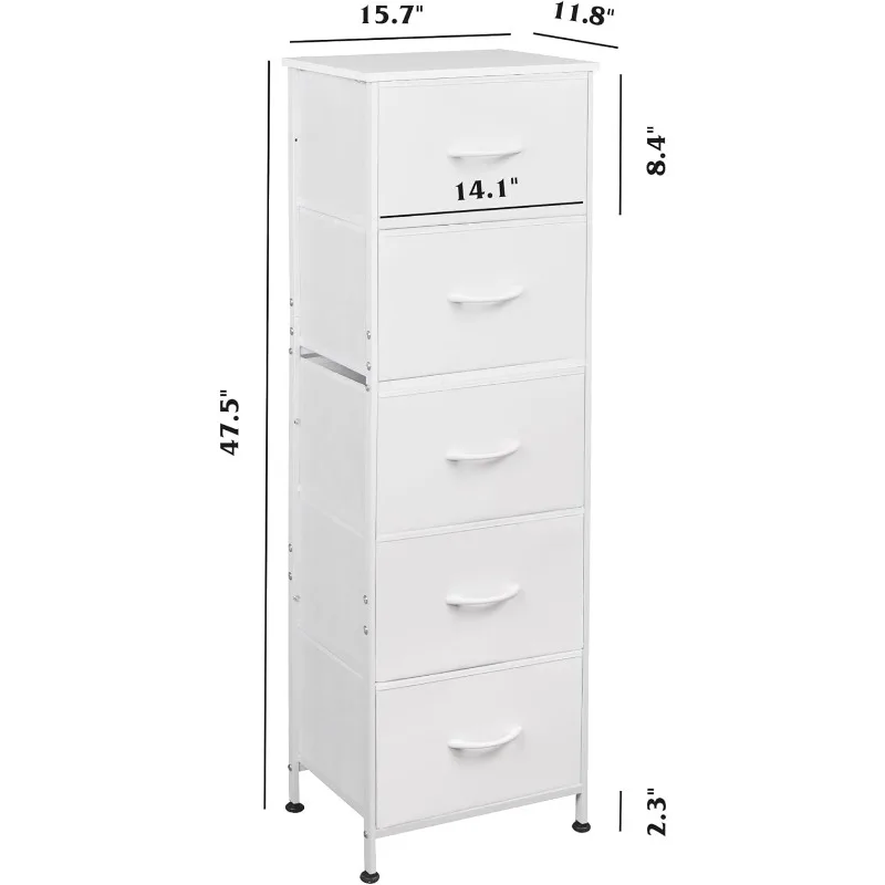 5-Commode MELTall pour chambre à coucher, commode de rangement avec bacs en tissu, dessus en bois, cadre en acier robuste