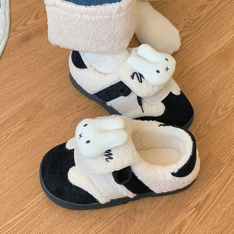 Kawaii Miffy Plush Lined Cotton Shoes Soft‑sole Lace‑up Board Shoes Warm Winter Trainer Footwear Wearable Outside Cartoon Lovely