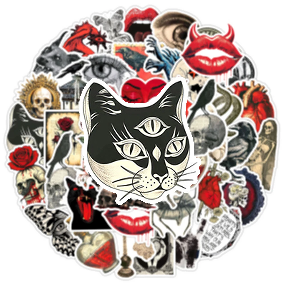 

10/30/50pcs Vintage Black Red Gothic Skull Stickers Horror Cartoon Decals for Guitar Suitcase Phone Cool Vinyl Graffiti Sticker