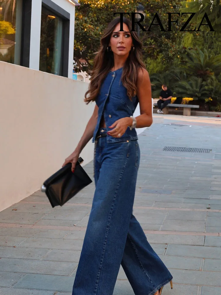 TRAFZA 2024 Summer Women Fashion Denim Trousers Suits V Neck Short Vest Top + Versatile Streetwear Female Wide Leg Long Pant