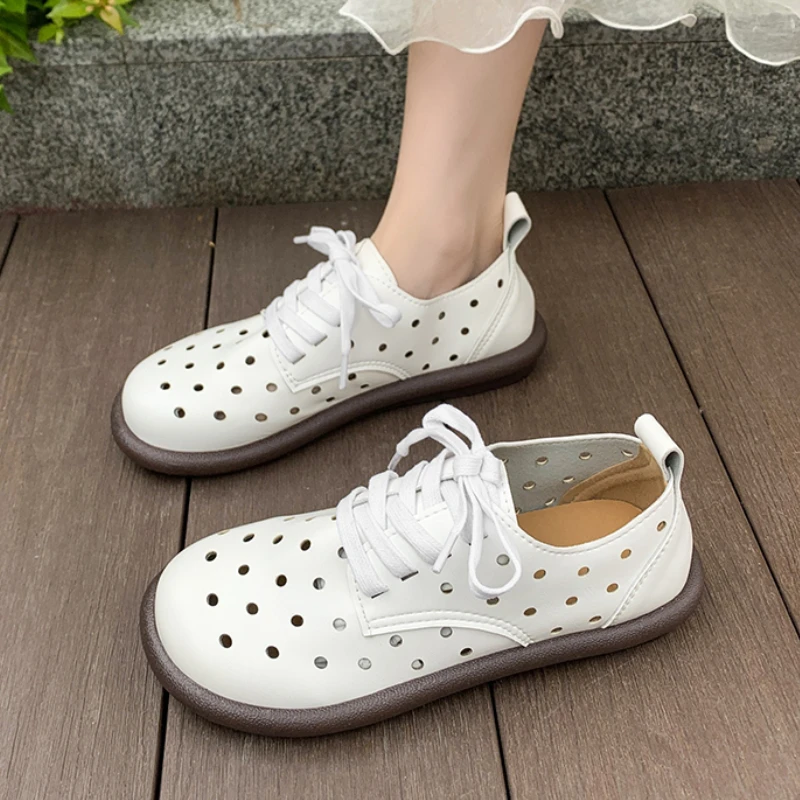 Women's Single Shoes Summer New Flat Round Head Hollow Lacing Shallow Oxford Shoes Casual Comfortable Non-slip Mary Jane Shoes