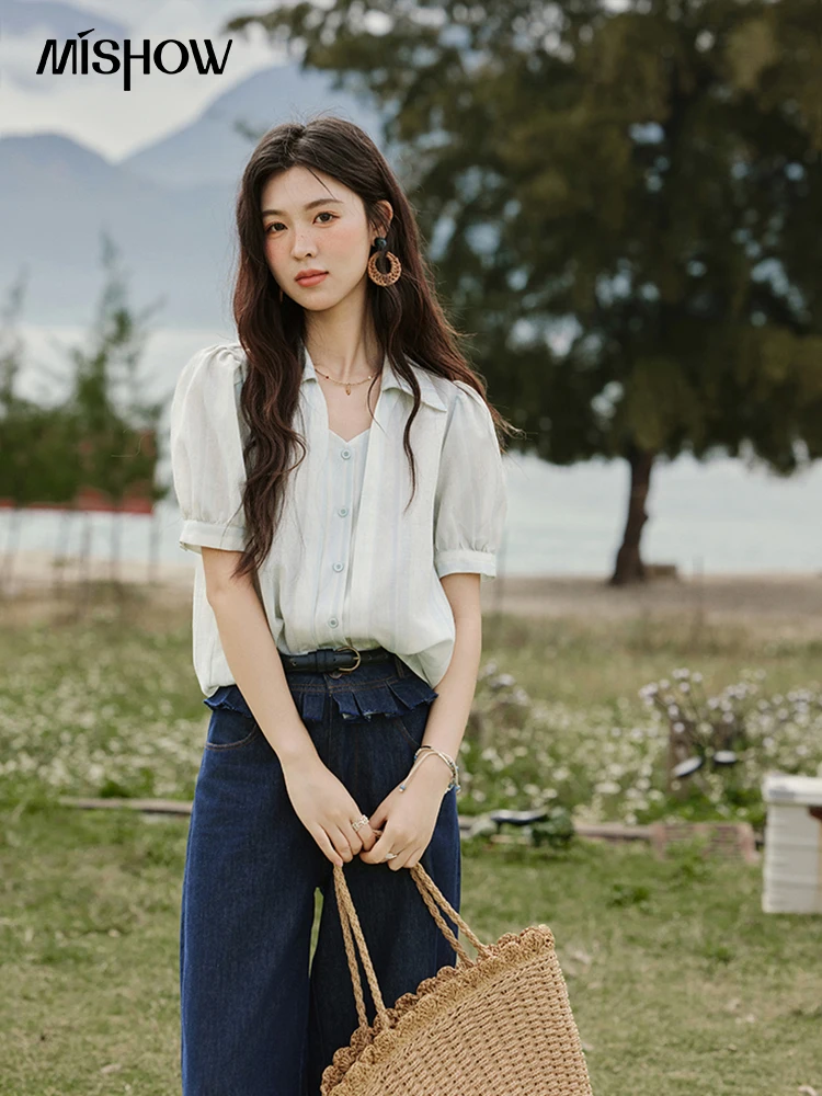 MISHOW French Summer Blouses Women New 2025 Solid Short Sleeve Turn-down Collar Slimming Shirts Female Straight Thin MXE33C0782