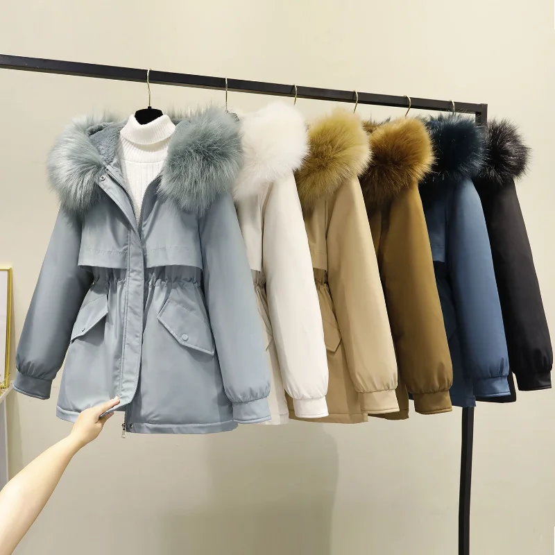 2023 New Women Down Cotton Coat Winter Jacket Female Loose Plush Thick Furred Collar Parkas Hooded Outwear Solid Color Overcoat