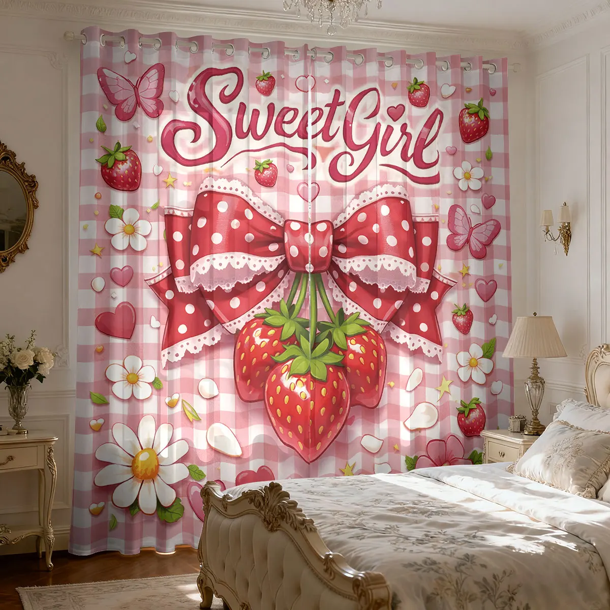 

2 шт. розовых штор с принтом клубники, 90 г/м², для спальни и гостиной, фильтрующие, разных размеров, для домашнего декора, простая установка