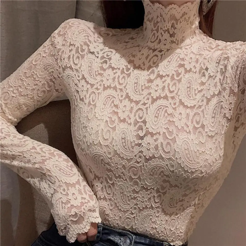 

Turtleneck Long Sleeves Perspective Thin Bottoming Top Women Embroidery Floral Crochet Lace Hollow Top