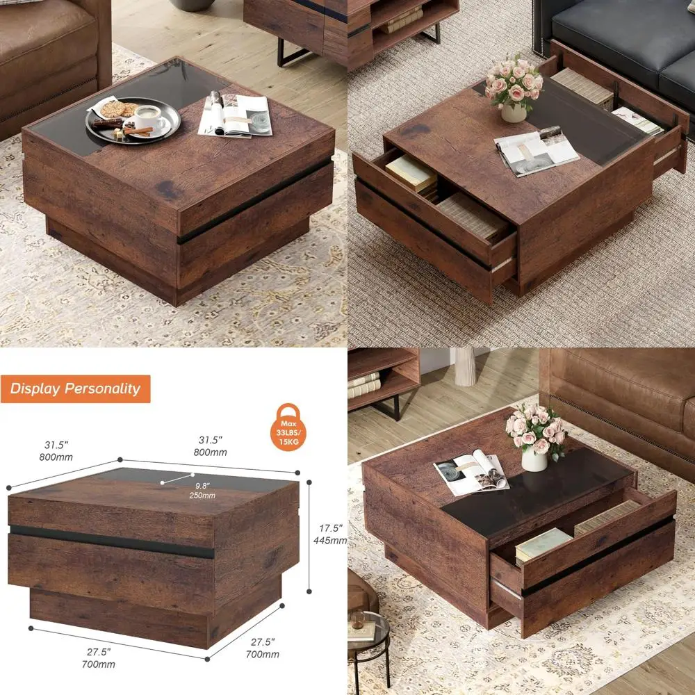 

квадратный журнальный столик со столешницей из закаленного стекла и ящиками для хранения, 31,5 x 31,5 дюйма