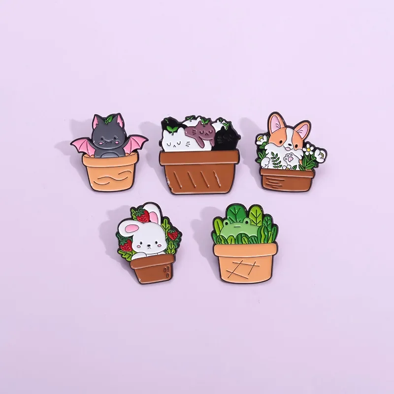 Potted Animals Enamel Pins Cute Bat Cat Rabbit Frog Dog Brooches Lapel Badges Animal Jewelry Gift for Kids Friends Wholesale