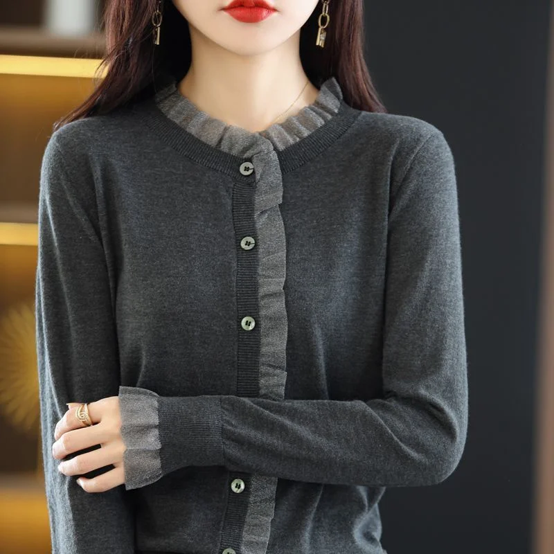 Korean Autumn Winter New Fashion Casual Pullover Sweater Women Solid Round Neck Button Lace Patchwork Long Sleeve Knit Top 2023