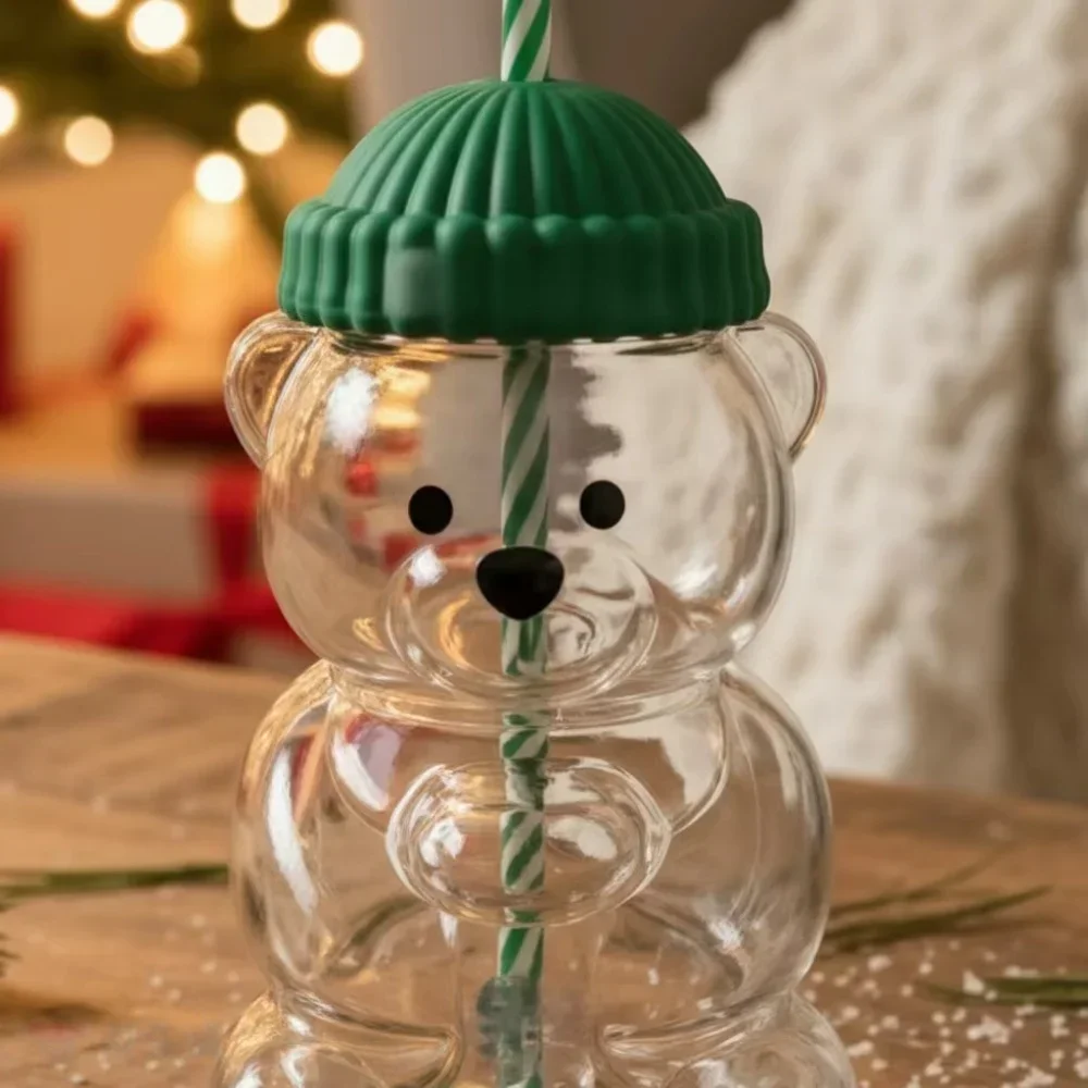 كوب الدب الجديد مع القش، زجاجة زجاجية رائعة تتميز بدب يرتدي قبعة، مناسبة كزجاجة شاي بالحليب، زجاجة مشروبات