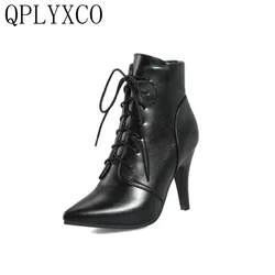 QPLYXCO Super Big Size 53 54 Ankle Boots for Women Spring Autumn Winter Pointed Toe High Heels Lace Up Party Wedding Bootie  A-1
