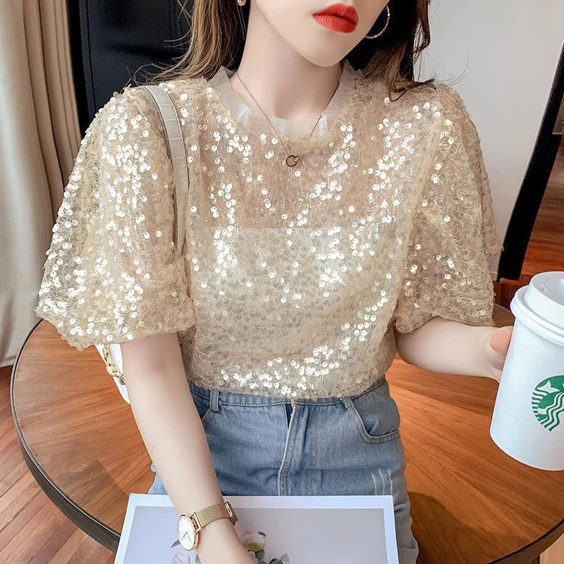 Summer Fashion Trend Fashion Sequins All-match T-shirt Ladies Short Puff Sleeve Casual Pullover Top Women Streetwear Mesh Tee