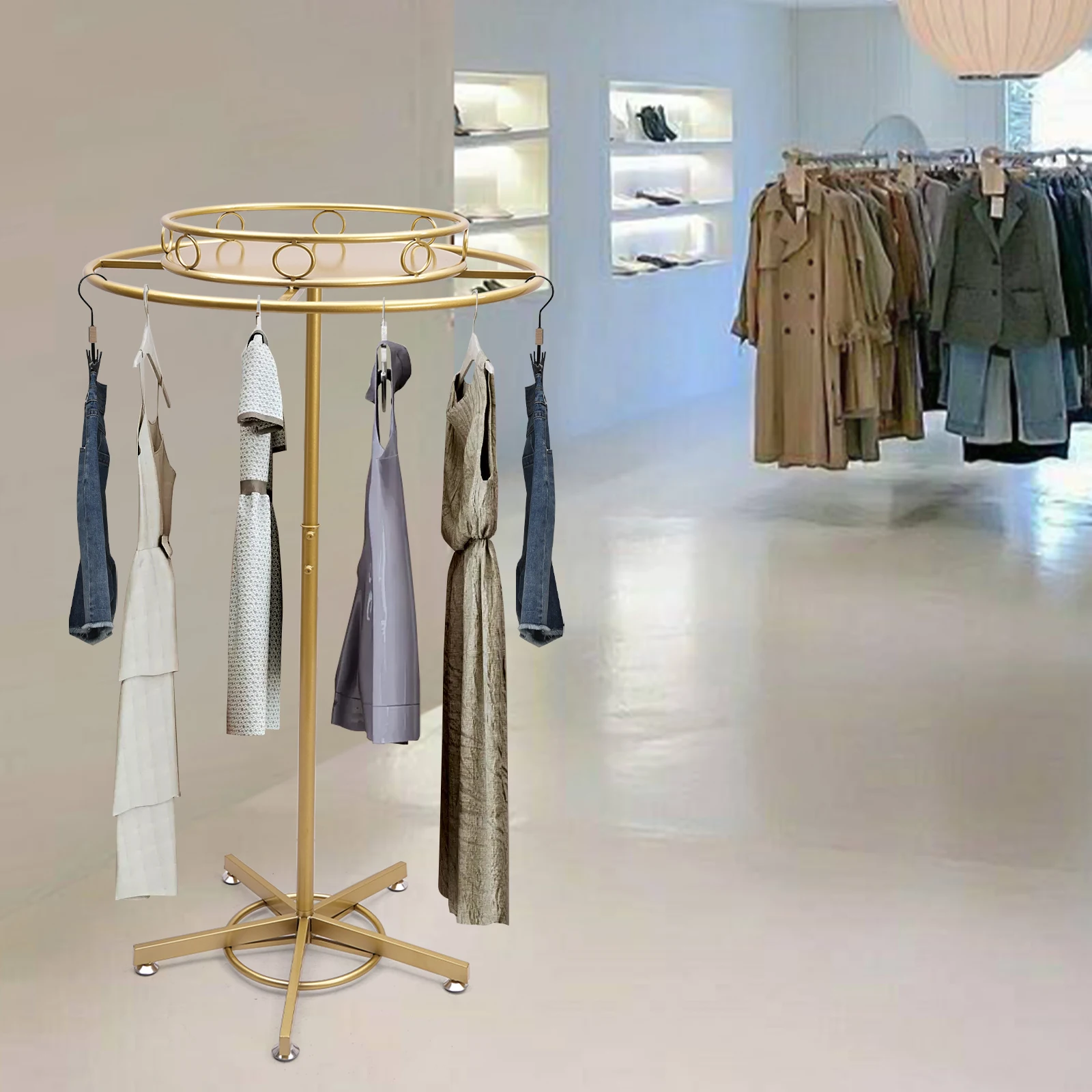 

360° Rotatable Round Clothing Rack, Gold Garment Display Stand with Adjustable Height, Sturdy Iron Frame for Store, Boutique