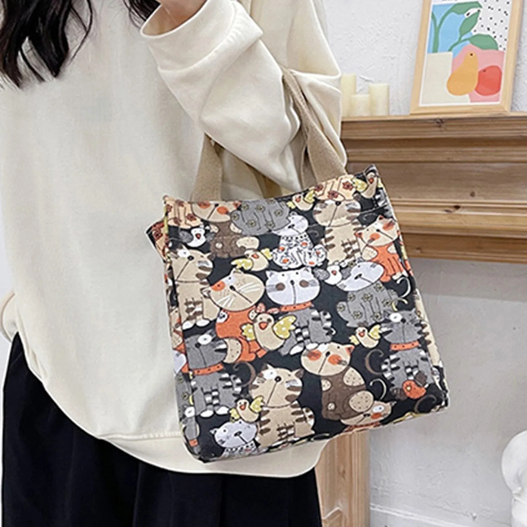 New Canvas Women Bags Portable Mommy Bag Cute Cartoon Cat Pattern Fashionable Top-handle Handbags Shopping Tote Bags For Women