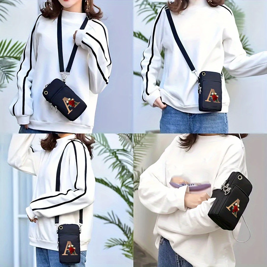 Multifunctional Letter-Printed Women's Mini Crossbody Phone Pouch, Nylon Wrist Bag with Headphone Hole, Multiple Zippers, Small