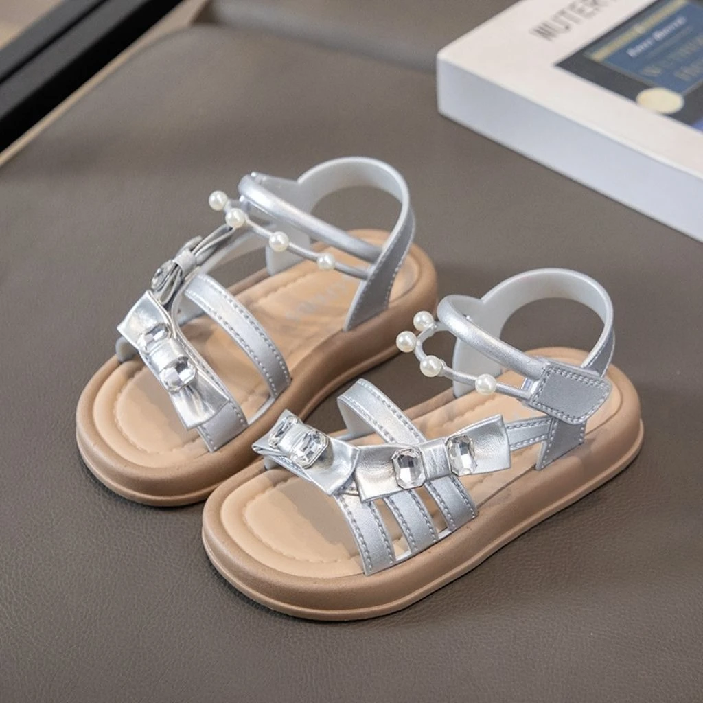

Summer Girls Princess Sandals Rhinestone Pearl Decoration Thick Soft Anti-slip Sole Korean Style