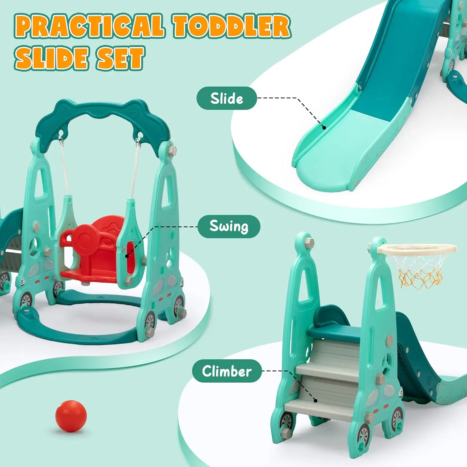 Set altalena per scalatore di diapositive 4 in 1, set da gioco per scalatore di diapositive per bambini indipendente con canestro da basket, parco giochi per bambini all'aperto per interni