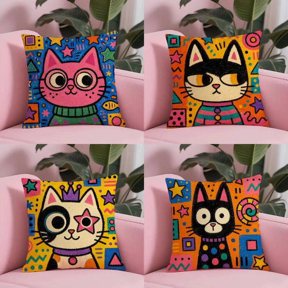 Pop Art Graffiti Cat Illustrations Set Cushion Cover Sofa Cushion Cover Personalized Gift Living Room Home Decor Pillow