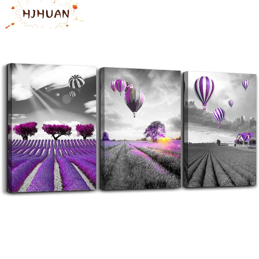 3pcs Lavender flowerbed, hot air balloon Diamant Painting 5D DIY Diamond Painting Full Square Drill Gift Home Decor Gift Resin