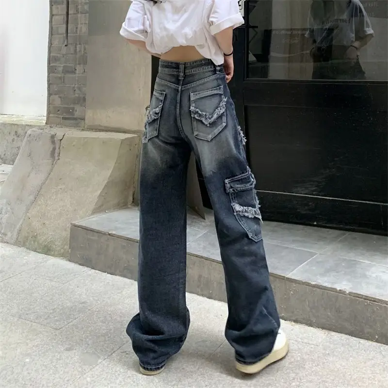 Women Vintage Y2K Streetwear Baggy Cargo Jeans High Waisted Straight Wide Leg Pants Denim Trousers Fairy Grunge Alt Clothes