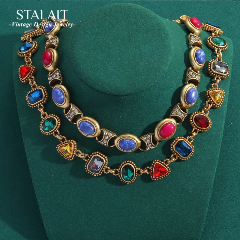 

Antique Jewelry Geometric Splicing Colorful Natural Stone Chokers Necklace for Women Vintage Skirt Collar Oval Accessories New