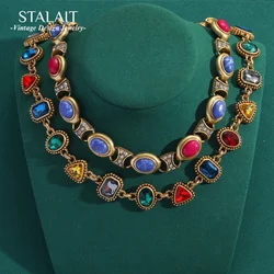 Antique Jewelry Geometric Splicing Colorful Natural Stone Chokers Necklace for Women Vintage Skirt Collar Oval  Accessories New