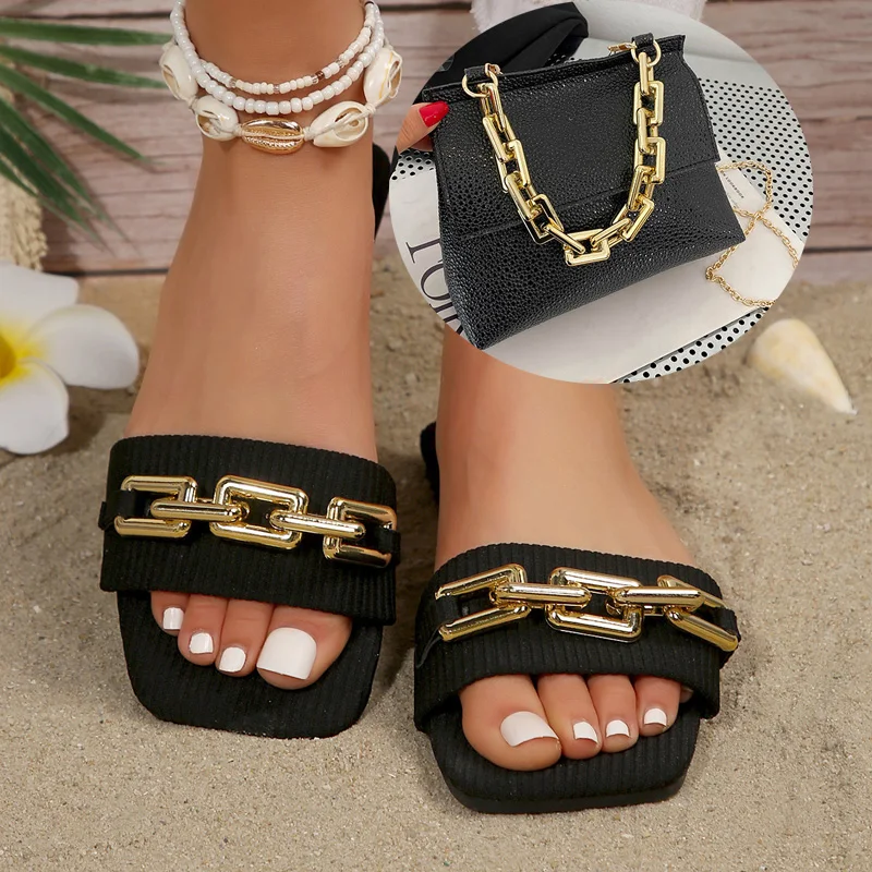 New Chain Flat Slippers For Women In Plus Size Wearing Cloth Sandals Fashionable And Trendy Gold Chain Decoration Crossbody Bag