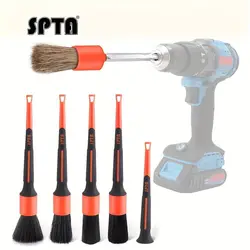 SPTA 5Pcs Soft Boar Hair Car Detailing Brush Set with Drill Adapter Interior Exterior Dashboard Engine Cleaning