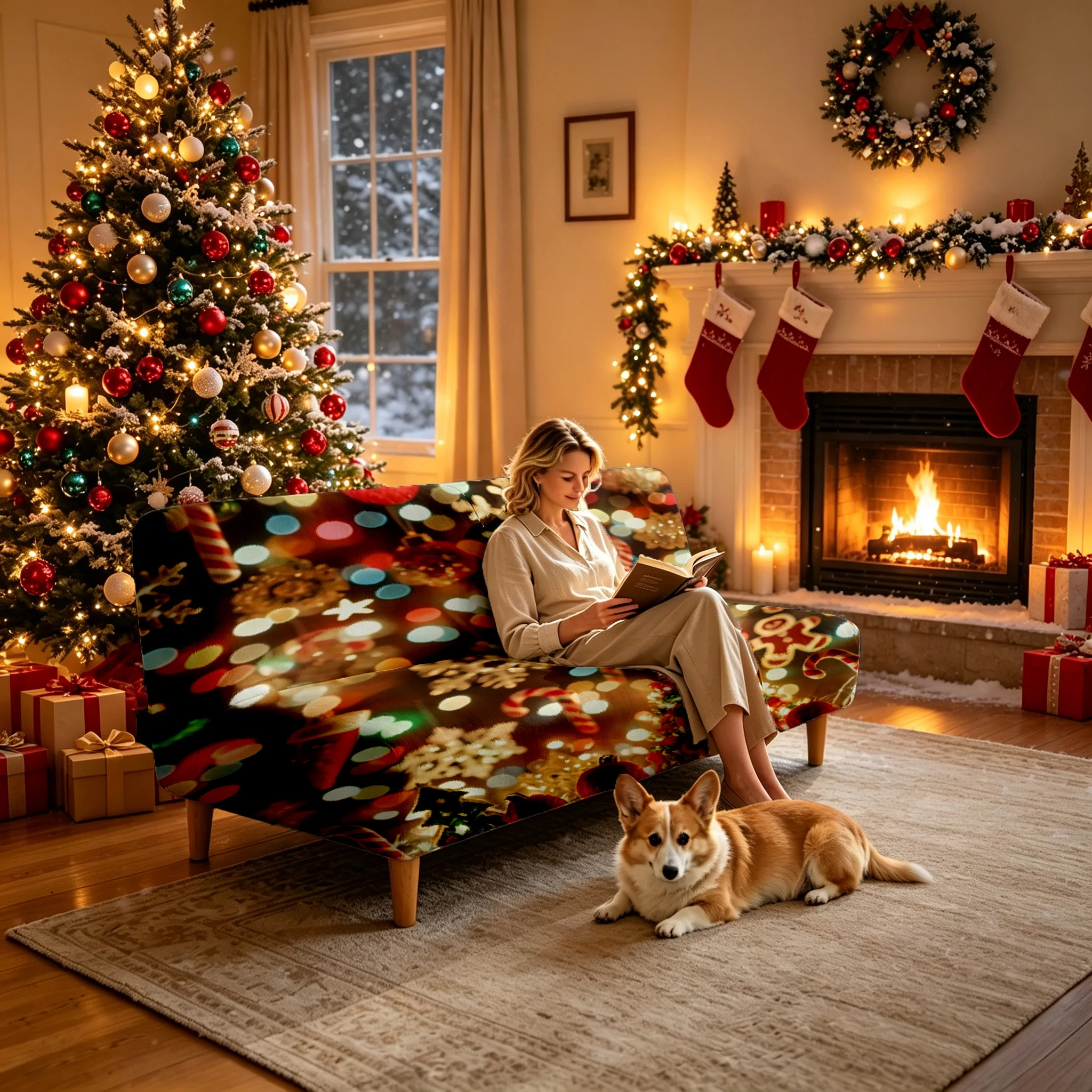 1PC Christmas sparkling lights printed elastic folding sofa bed cover Christmas holiday decoration, sofa bed without armrests