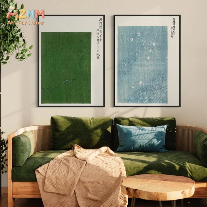 AZNM Vintage Japanese Woodblock Canvas Wall Art Green Blue Abstract Wave Bird Calligraphy Print Wabi Sabi Home Decor Unframed