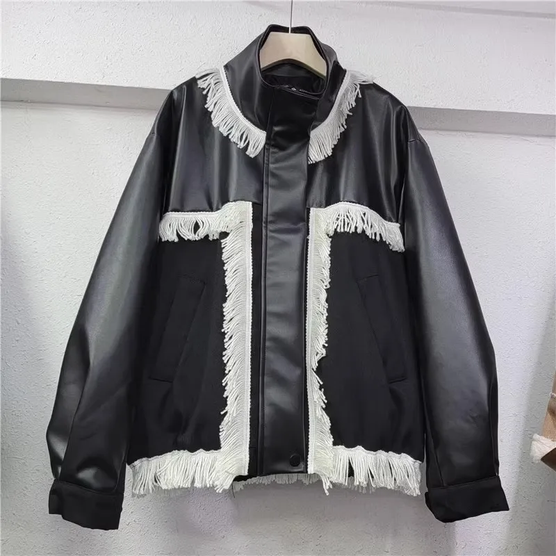 

Black American retro thickened leather jackets for women winter new Patchwork tassel motorcycle PU leather jacket Y4430