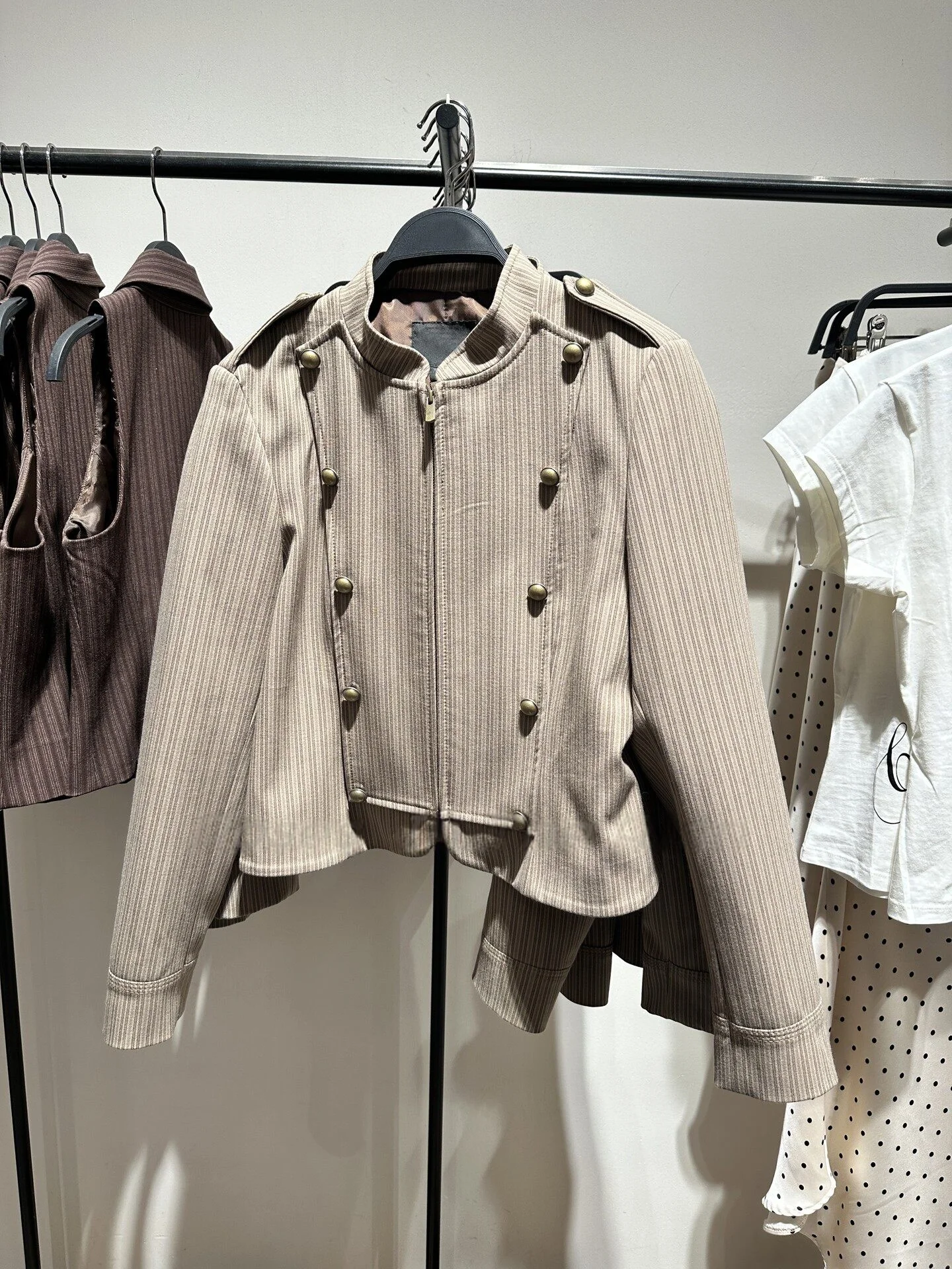 

2026 new women's fashion casual metal button decoration long sleeved round neck striped slim fit suit jacket