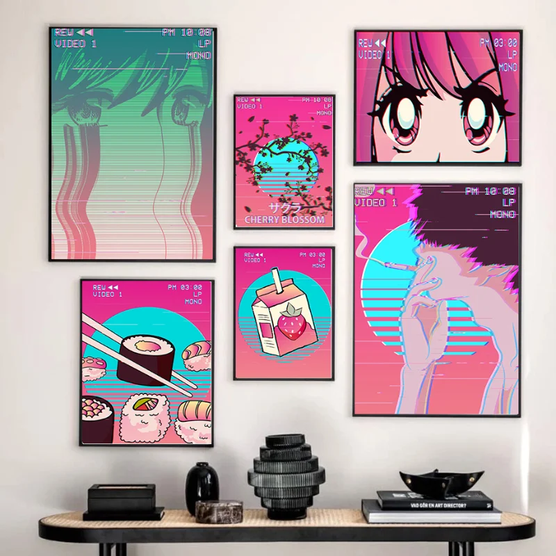 Neon Emo Anime Boy Girl Flowers Food Vaporwave Style Poster Canvas Painting and Print Wall Art Retro Picture for Room Home Decor