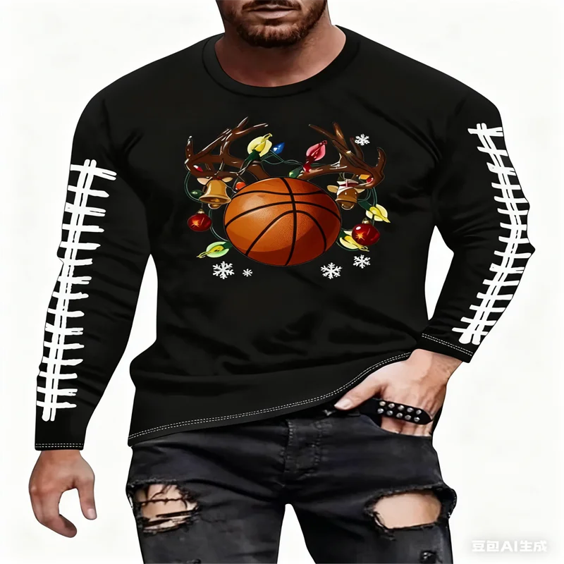 Autumn Rugby Christmas Printed Men's Long Sleeve T-shirt Holiday Casual Cute Santa Claus Graphic Tops Outdoor Casual Men Clothes