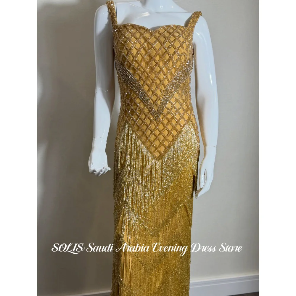 SOLIS Shiny Gold Mermaid Prom Dress Sweetheart Rhinestone Beaded Luxury Evening Dress Glitter Fringe Party Dresses Customized