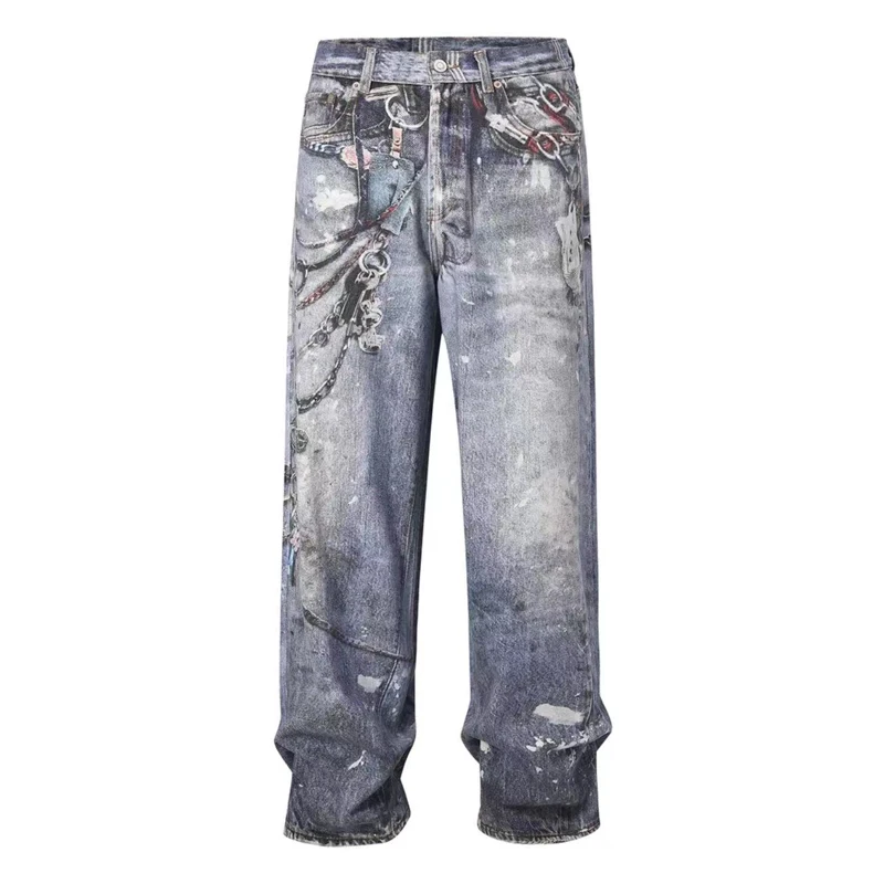 Street Fashion Men Jeans Retro Washed Blue Printed Designer Loose Jeans Men Chain Painted Hip Hop Straight Wide Leg Denim Pants