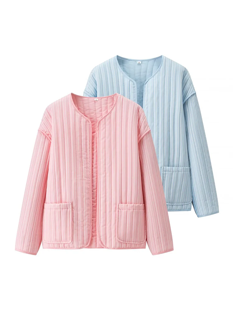 

European style new women's fashion versatile temperament slim round neck long sleeve striped quilted pocket cotton jacket