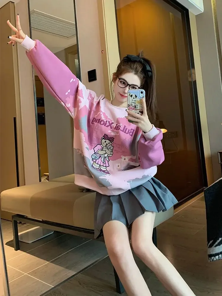 Japanese Cute Cartoon Embroidery Sweatshirt Women Y2k Harajuku Hoodie Spring Autumn Pullover Tie-dye Long Sleeve Tops O-neck New