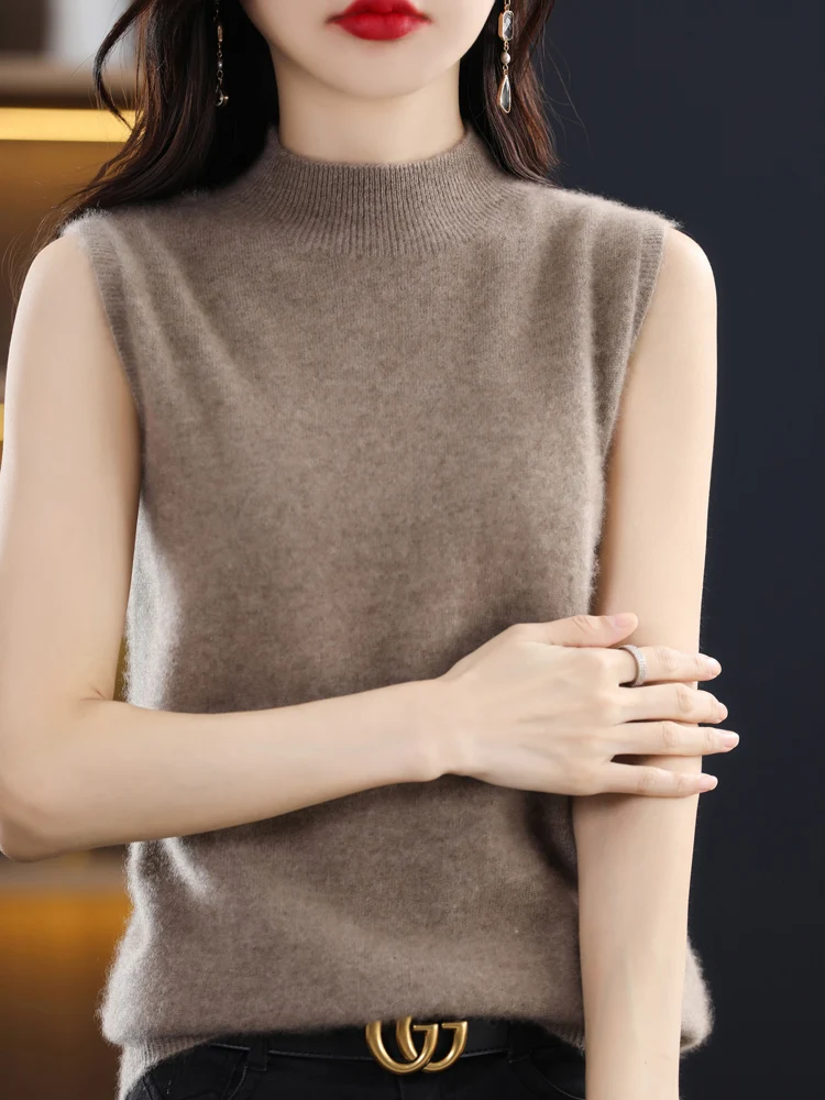 Women 100% Merino Wool Knitted Sleeveless Vests Mock Neck Cashmere Sweater Pullover Grace Basic Spring Autumn Female Clothes Top
