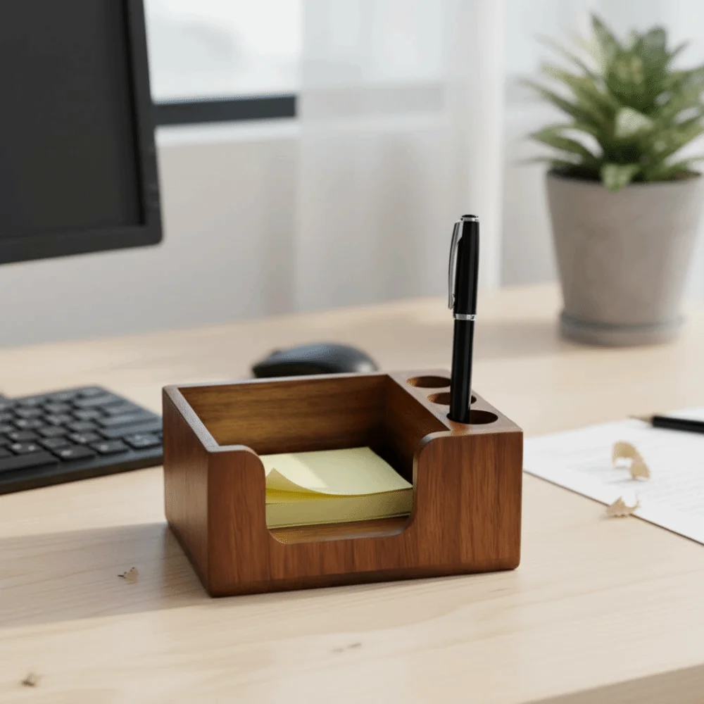 Nordic Style Wooden Desk Organizer Rectangular Non-slip Sticky Note Holder 3 Pen Slots Polished Surface Sticky Note Stand